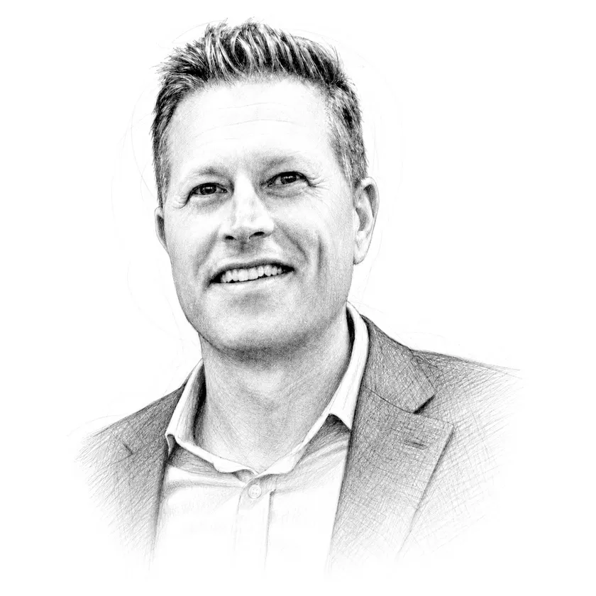 Pen sketch portrait of Brent Vosters, partner at Benesch Investment Group, Miami